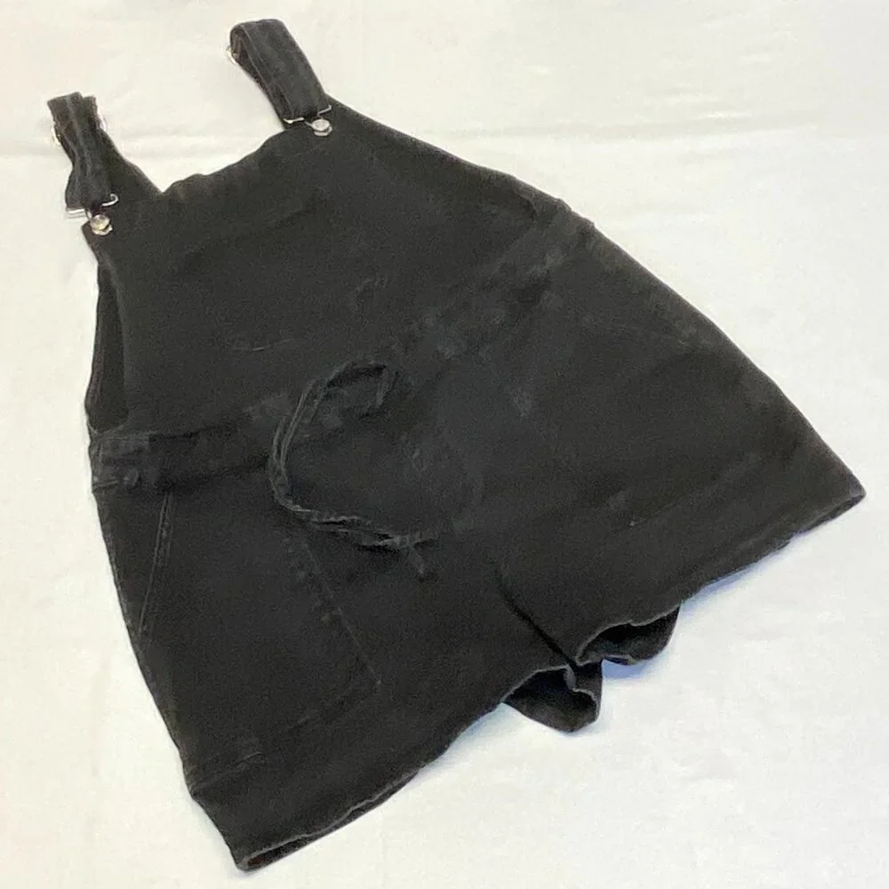 Maurices Black Denim Shortalls XL Tie Waist Bib Overalls Faded Summer Style - Picture 6 of 9